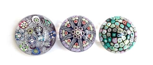 Three Whitefriars style millefiori glass paperweights, each approx. 5cmH (3)