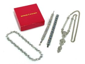 A good quality paste riviere necklace, 43cmL, in a Butler & Wilson box; together with two paste