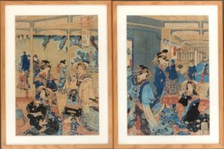 Two framed 19th century Japanese woodblock prints by Utagawa Kunisada depicting court scenes,