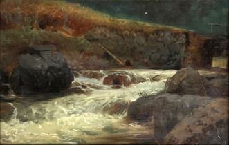 Johann Georg Valentin Ruths (German, 1825-1905), study of river and bridge, oil on board, 17x27cm