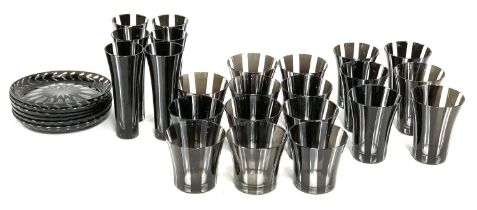 A set of smart black striped glasses, three sizes, 16cmH, 11cmH and 8.5cmH; together with similar