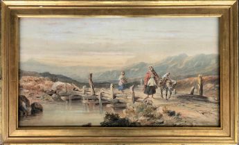 19th century British watercolour, figures and a donkey crossing a bridge in a Highland landscape,