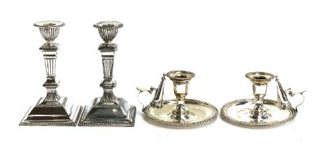 A pair of James Dixon silver plated candlesticks, 18cmH; together with one other pair