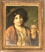 An overpainted print of a young boy holding a bunch of grapes, 47x37cm