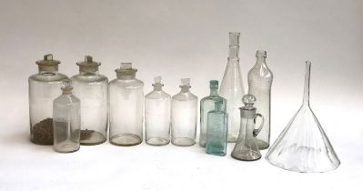 A quantity of vintage apothecary jars, very large vintage glass funnel, 20cmD etc
