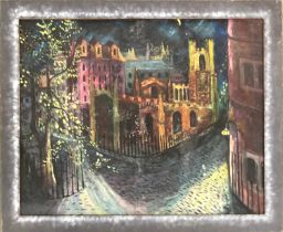 20th century oil on canvas, townscape at night, 56x69cm