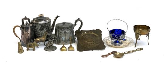 A mixed lot of mainly metal items to include silver plated teapots, brass dish on triform lobster