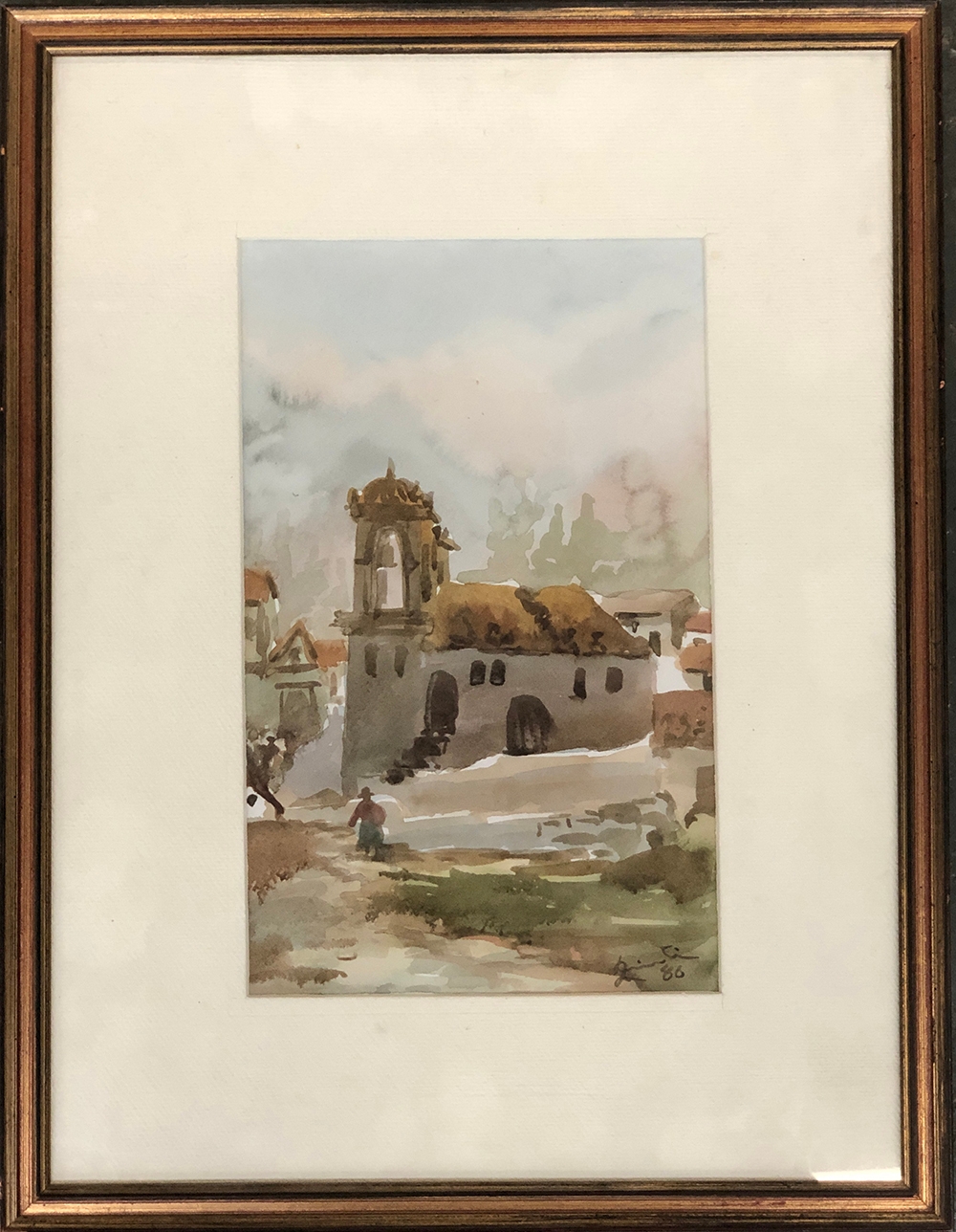 20th century watercolour of a church, signed indistinctly and dated '86, 23x15cm