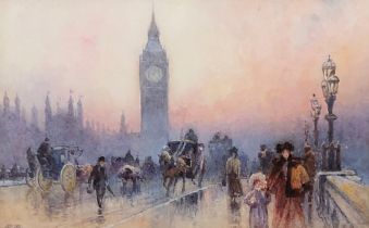 Percy Robertson R.E (1868-1934), 'Muddy London',traffic across Westminster bridge, watercolour,