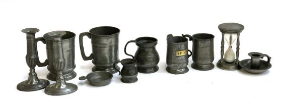 A small mixed lot of pewter, to include pint and half pint tankards, some Victorian, one with