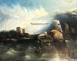 19th century oil on canvas (af), maritime scene, 64x77cm