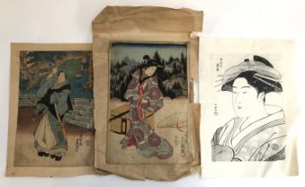 Three unframed Japanese woodblock prints (af), two with the plates approx. 35x24, the other portrait