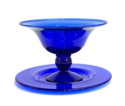 A large Bristol blue glass footed bowl on stand, 20cm high, the bowl 30.5cmD