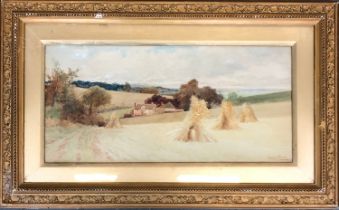 Leopold Rivers (1850-1905), watercolour of hay stooks, signed lower right, 25x54cm