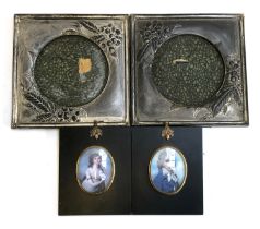 Two miniature portrait frames, 14.5x12cm overall; together with two white metal picture frames