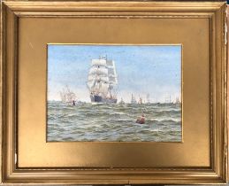 Early 20th century watercolour of tall ships at sea, 22x31cm