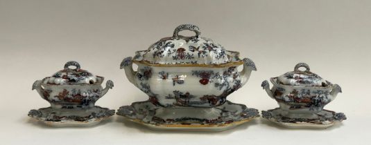 One large and a smaller pair of tureens by Ashworth Bros, Hanley, each with stand, the larger 34cmW