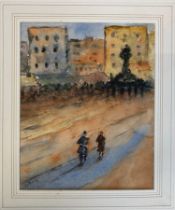 Albert Ludovici (b.1852), watercolour of two figures with buildings in a background, signed, 24x19cm