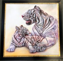 Acrylic on canvas of a Siberian tiger and cub, 98x98cm