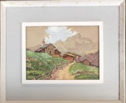 20th century watercolour of buildings in an Alpine landscape, signed Gronauer? and dated 1945, 17x23