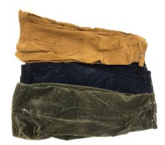 Two pairs of blue jumbo cord breeks; a Hoesmann Bavarian olive cord breeks; and a further pair