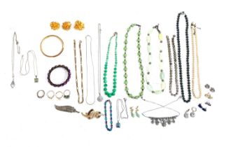 A mixed lot of jewellery to include jade drop earrings; faux pearl necklace with silver clasp;