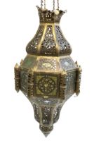 A Moorish style Moroccan hanging lantern with pressed coloured glass panels, 50cmH