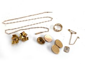 A quantity of 9ct gold to include chain with barrel clasp (af), bow brooch, single cufflink etc,