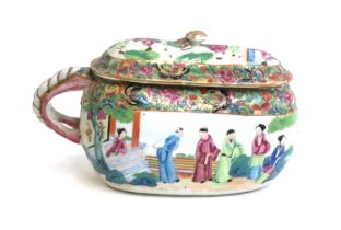 A 19th century Chinese famille rose lidded chamber pot or bourdalou, 27cm long