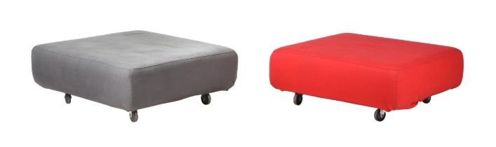 Two large ottomans, one grey, one red, each approx, 90x90x35cmH