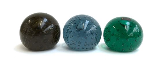 Three Whitefriars glass bubble paperweights, grey, green and blue, each 7.5cmH