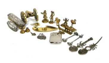 A mixed lot of metal items to include silver topped dressing table pot and clothes brush; brass