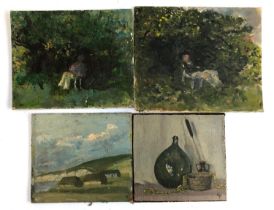 Four 20th century oil on board paintings, by the same hand: two depicting figures reading in a