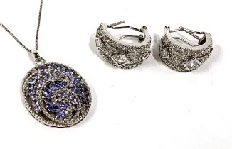 A silver and iolite openwork pendant, 2.7cmL, on silver chain; together with a pair of silver and