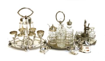 Silver plated cruet sets, egg cup, mustard etc