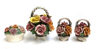 Three Capodimonte Italian ceramic encrusted floral baskets, together with a further Italian floral