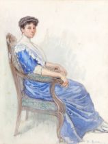 Portrait of an Edwardian lady, seated in a blue dress, watercolour, signed indistinctly, 40.5x31cm