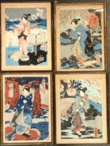 A set of four Japanese 19th century woodblock prints depicting a geisha in various seasons, each