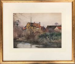 Reginald Jones R.B.A (1857-1920), 'Cottages by a river', watercolour, signed lower right, 26x35cm