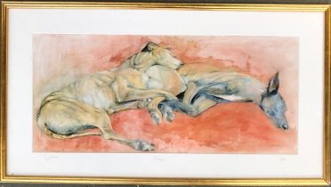 S. J Ellwood, 'Sleep', limited edition print of sleeping whippets, numbered 1/20 and signed, 27x60cm