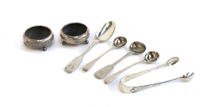 A small lot of silver to include a pair of salts, hallmarked Chester, Georgian and later spoons to