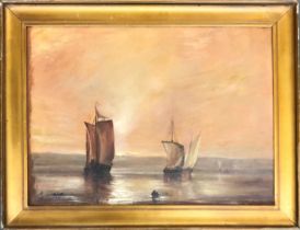 20th century oil on canvas, boats at sunset, signed indistinctly, 48x66cm