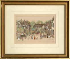 20th century, watercolour of a village scene, signed and titled indistinctly lower right, 15x21cm