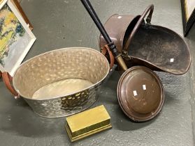 A copper bed warming pan, coal scuttle, twin handled metal bucket, and a brass lidded box