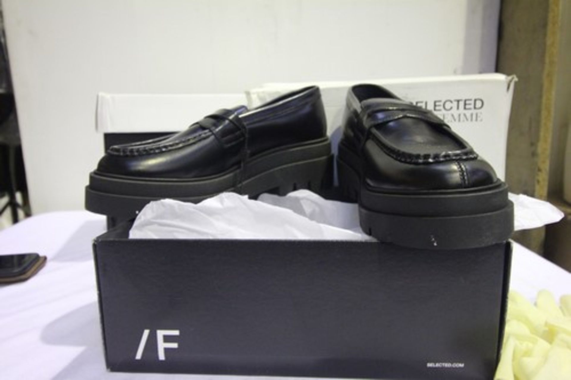 3 x pairs of Selected Femme black loafers, style Juniper Penny Polido, 2 x size UK 5 and 1 x size UK