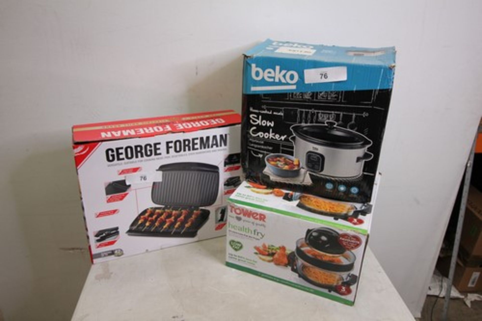 1 x George Foreman large classic grill, model 23440, 1 x Beko slow cooker and 1 x Tower 17L air