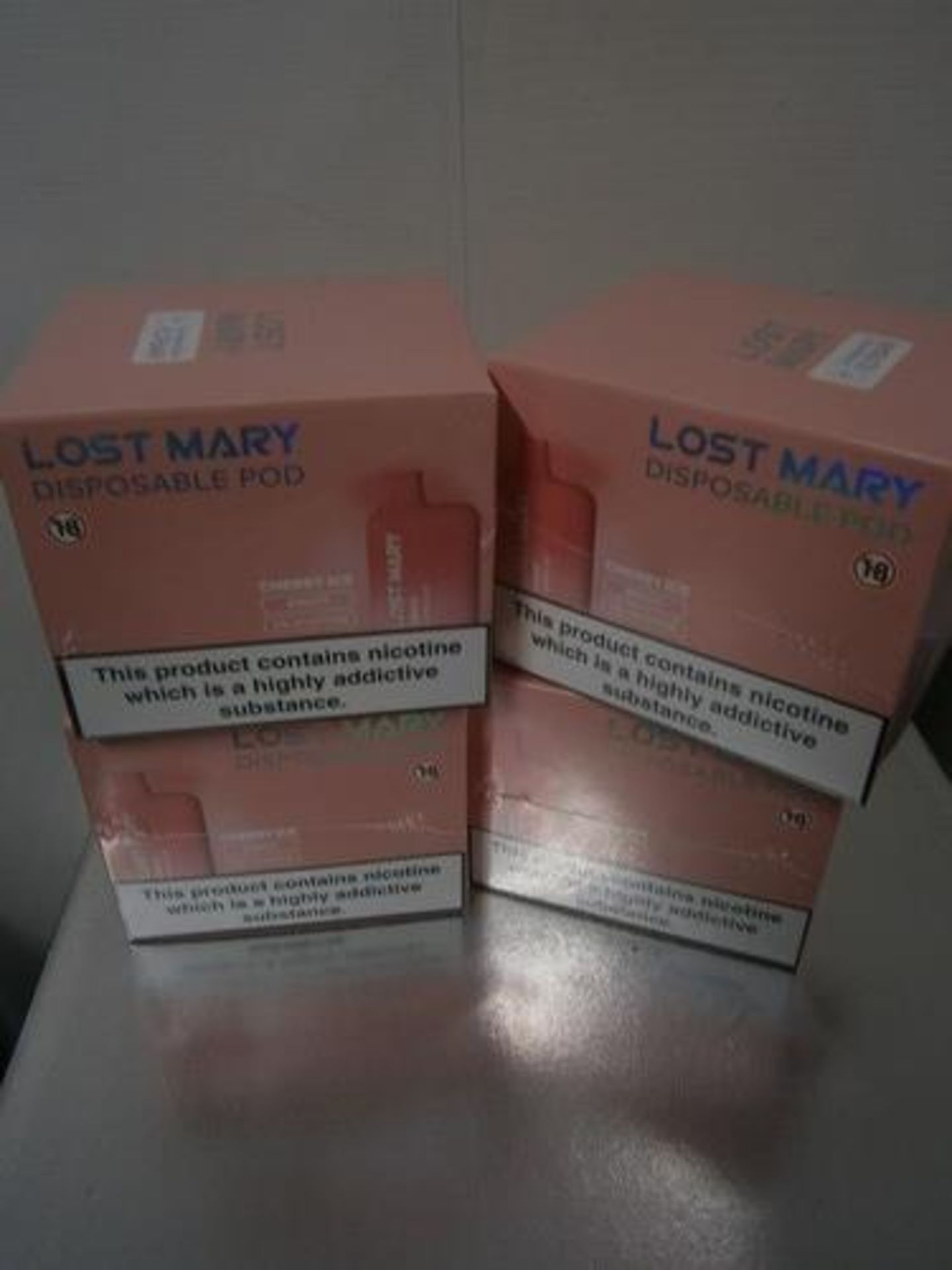 4 x boxes each containing 10 x disposable pods of Lost Mary Cherry Ice flavour, 2\% nicotine, expiry