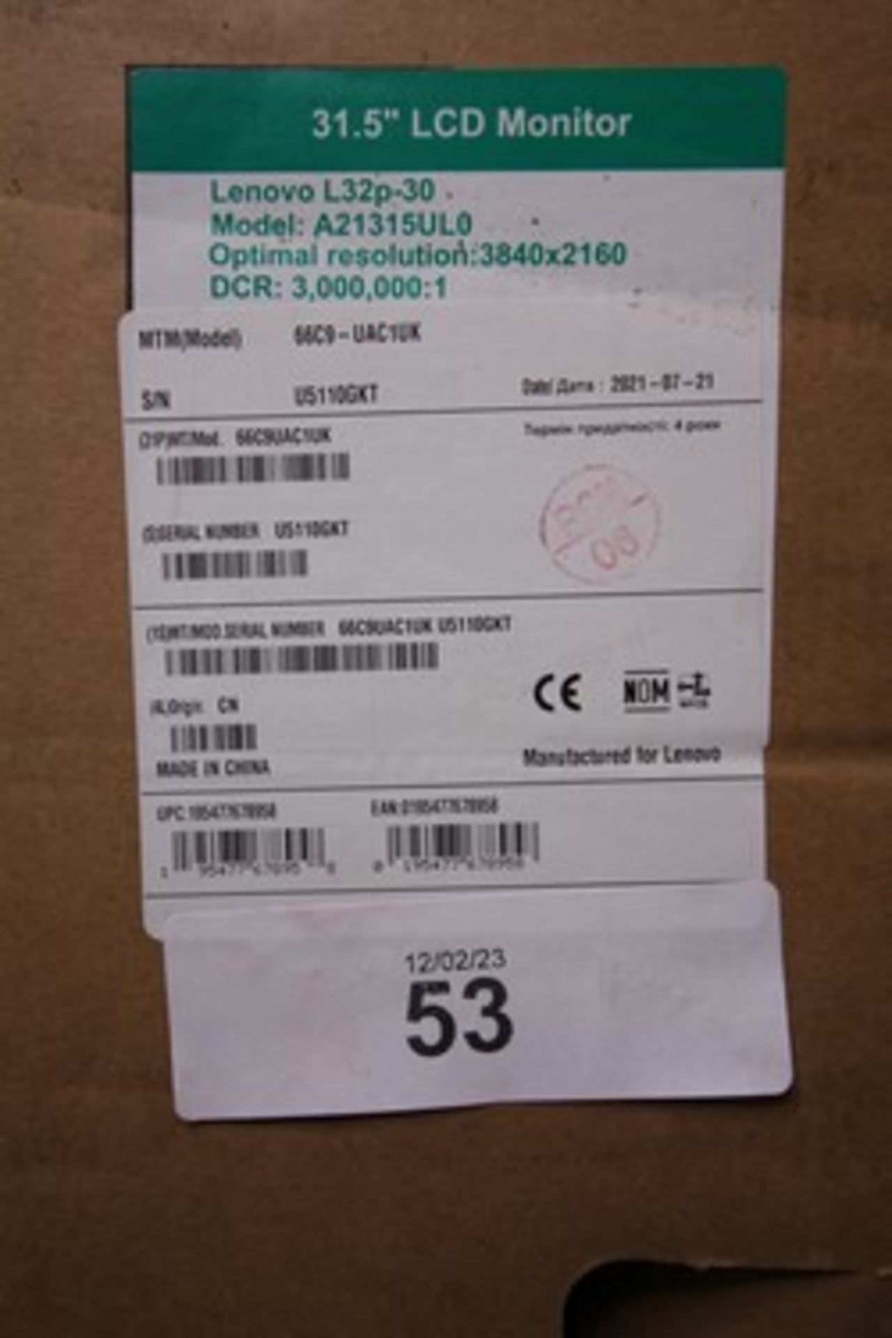 1 x Lenovo 32" Monitor LED backlight, model 66C9UAC1-UK - New in box (E cage) - Image 2 of 4