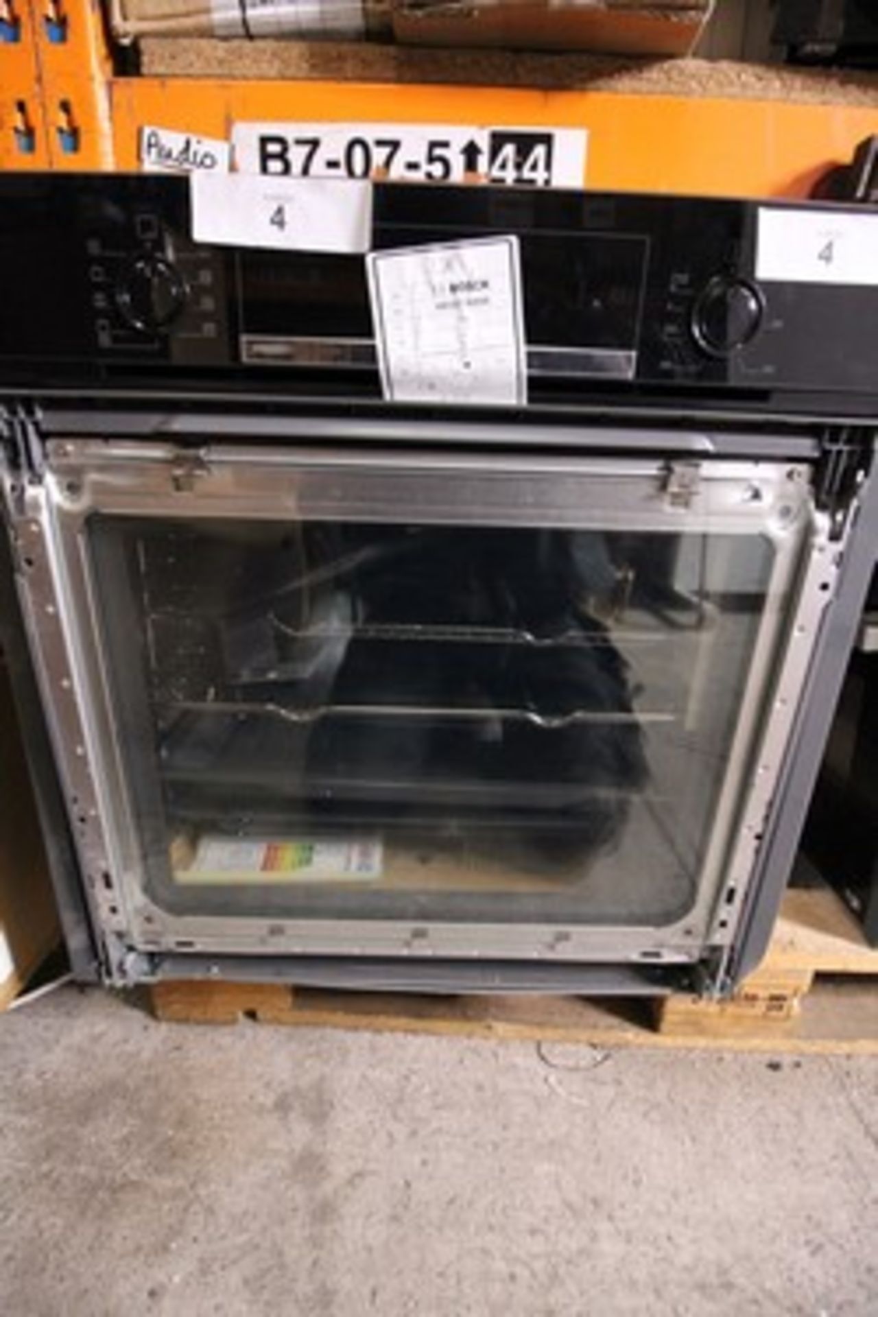 1 x Bosch built in oven, model HBS573BB0B, with 2 shelves, 1 tray and broken glass door, no power