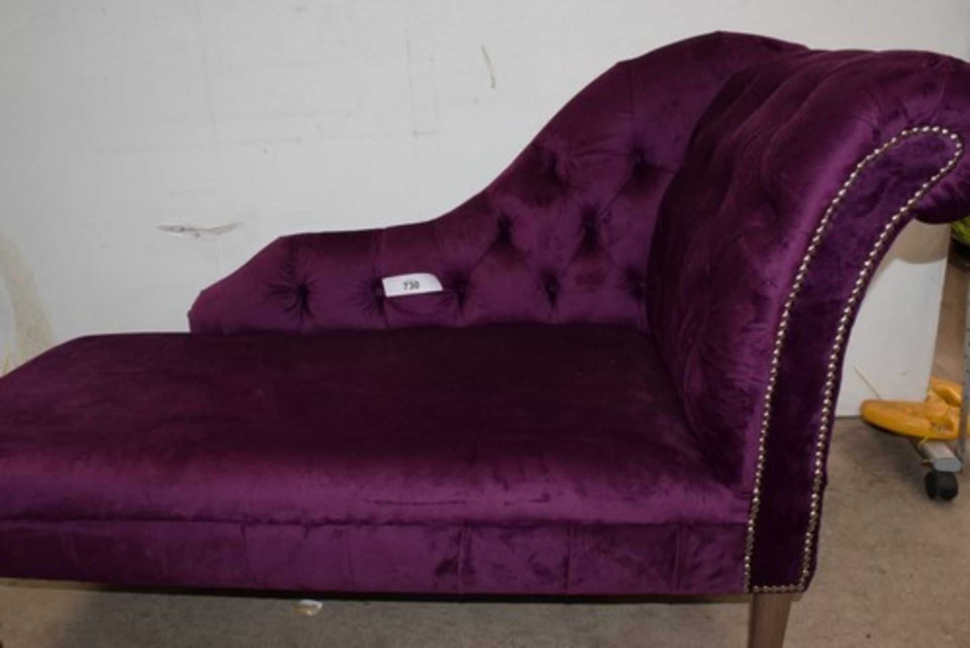 1 x Chaise lounge, purple approximately 140 x 55cm (slight tear in fabric front left corner)